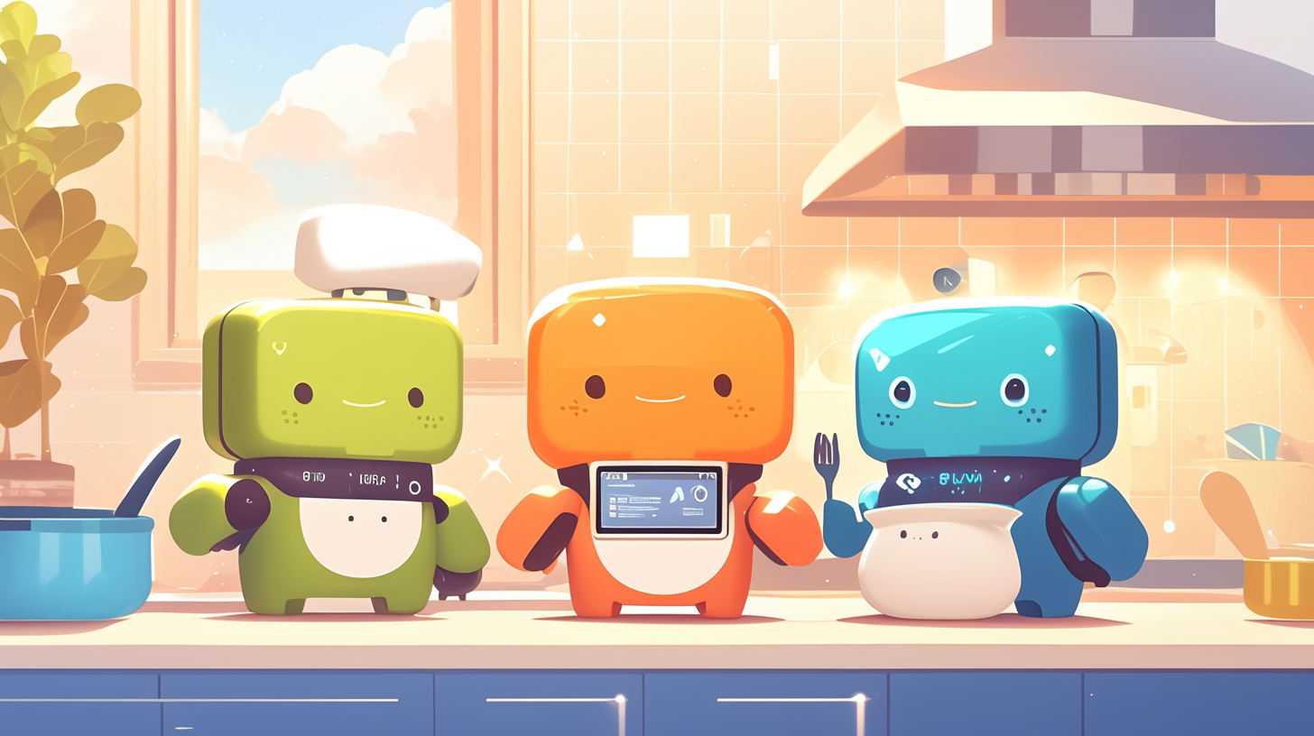 ChatGPT・Claude・Geminiの3つのAIロボットがキッチンで家事効率化をサポートしている様子を描いたイラスト。緑のChatGPTは料理、オレンジのClaudeは掃除、青のGeminiは家計管理を担当している。