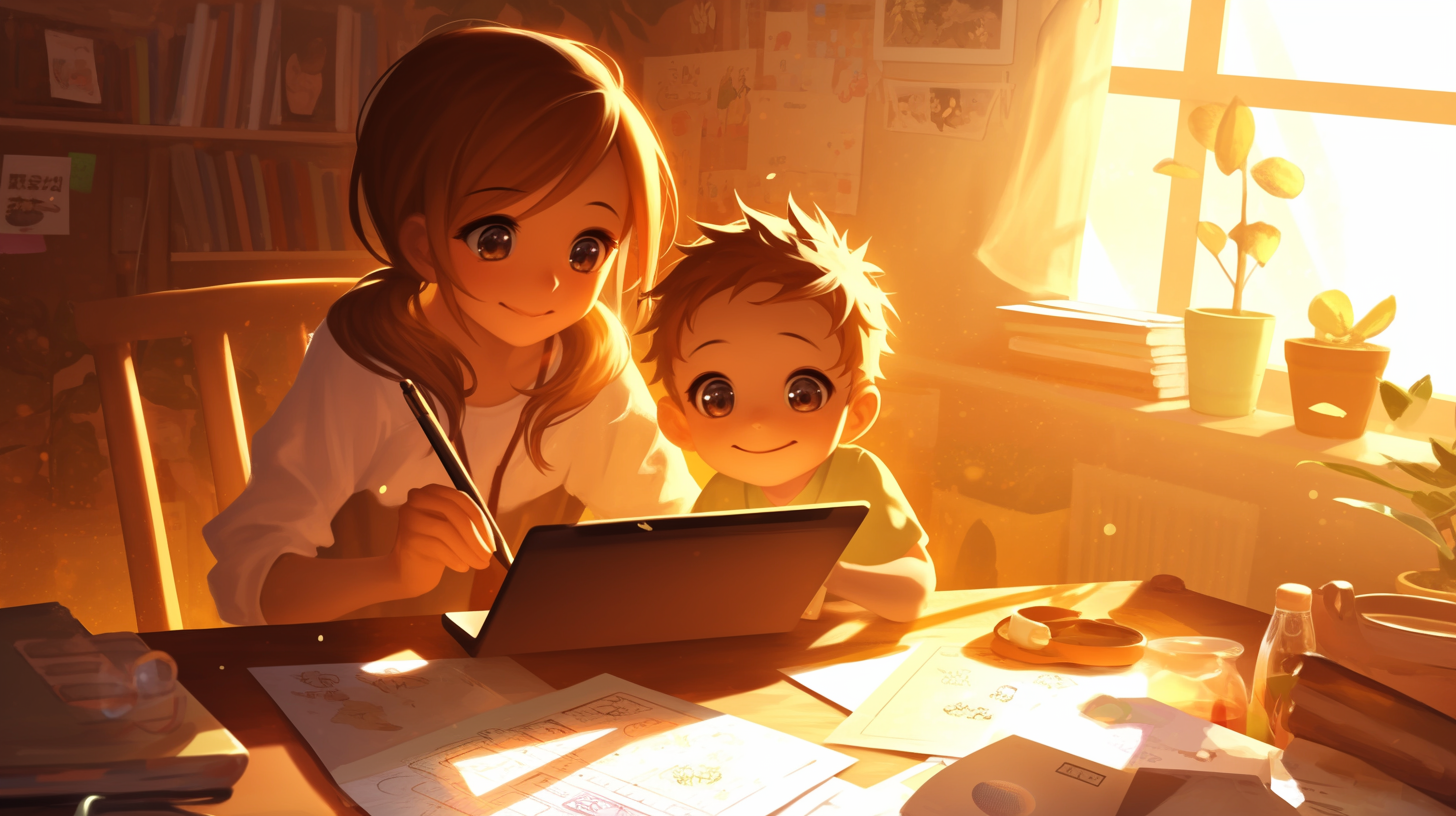 小学生がタブレットでChatGPTを使って夏休みの自由研究をしている様子を見守る親のイラスト